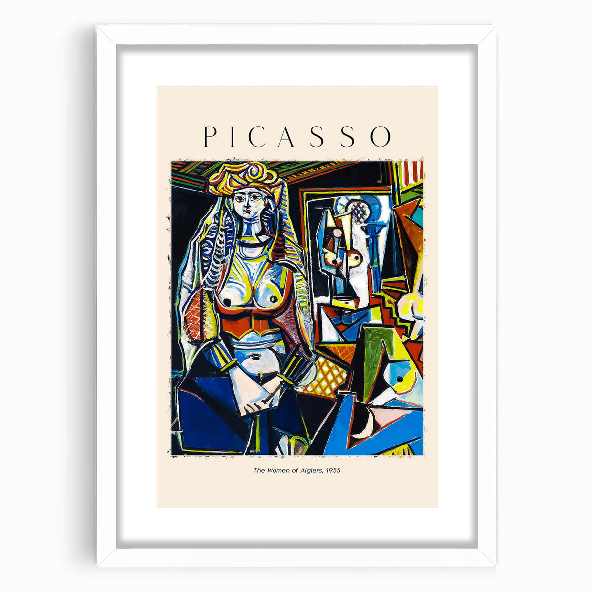 Abstract art print featuring Picasso-inspired shapes in muted earth tones on a white-framed canvas.
