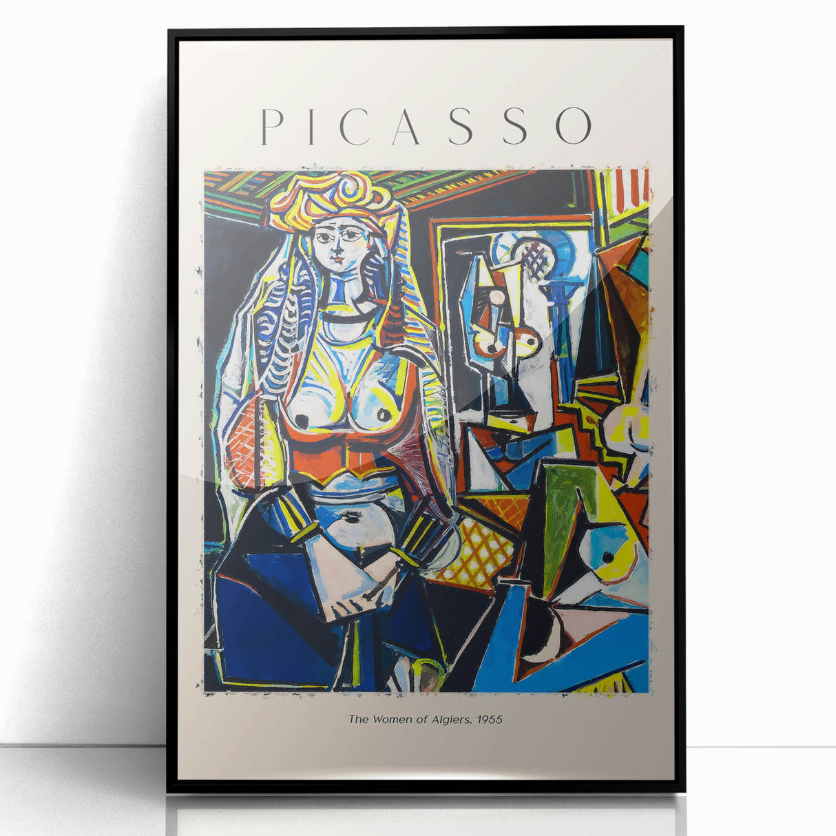 Large abstract wall art print featuring Picasso-inspired shapes in bold colors on black acrylic.