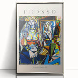 Mid-century modernist art featuring abstract shapes in muted colors on a silver-framed acrylic, ideal for nursery wall art.