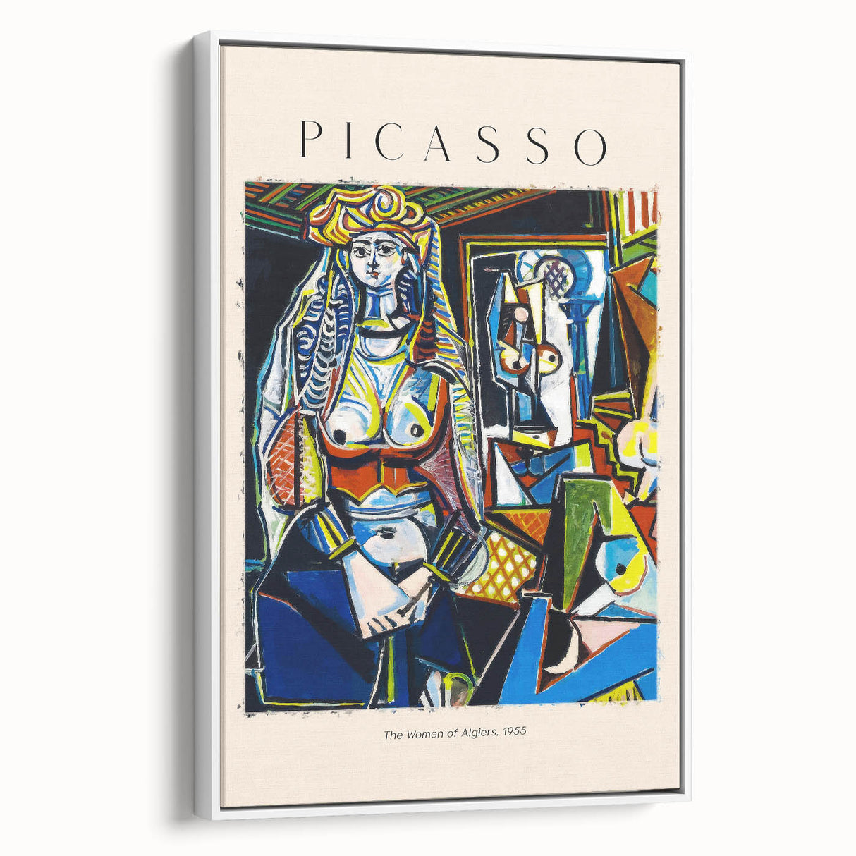 Framed canvas of a Picasso-inspired vintage poster art featuring abstract figures in vibrant.