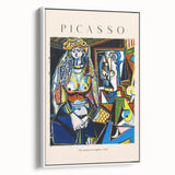 Framed canvas of a Picasso-inspired vintage poster art featuring abstract figures in vibrant.