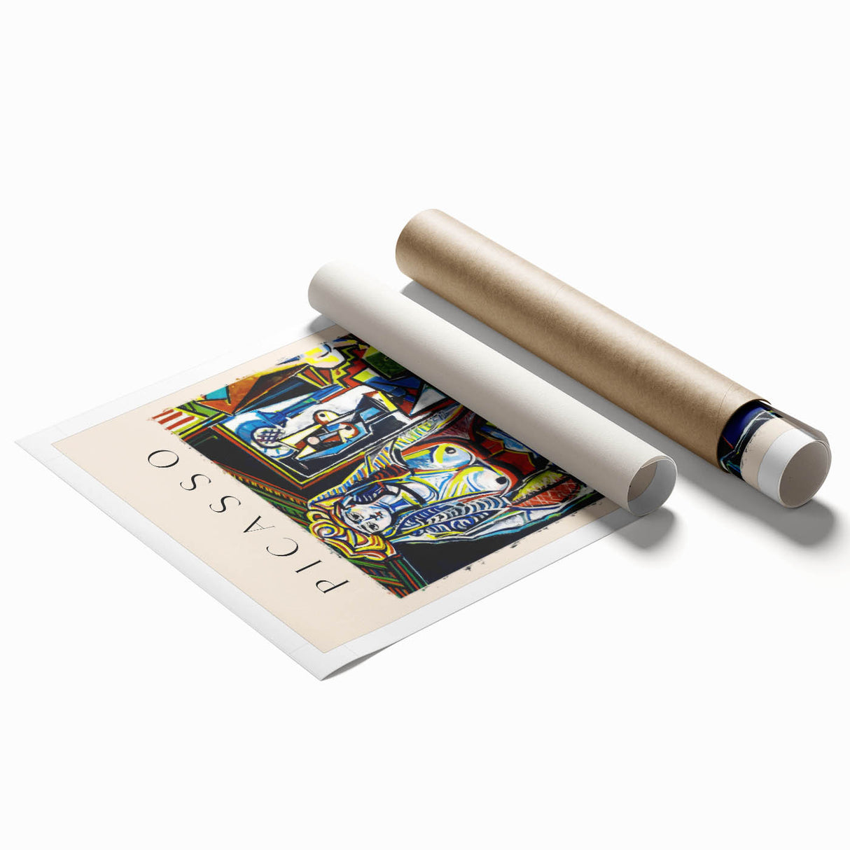 Extra large rolled print of a Picasso-style floral design in muted colors.