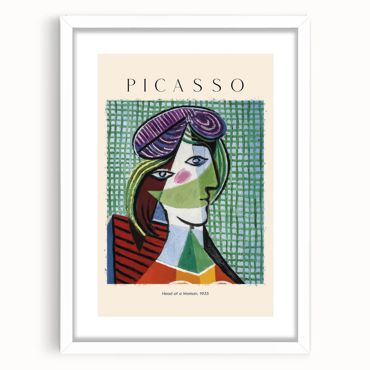 Abstract art print featuring geometric shapes in bold colors on a white framed canvas.
