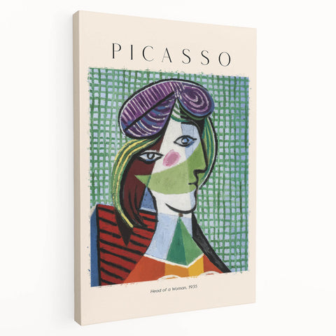 Abstract Picasso-inspired artwork on stretched canvas, featuring geometric shapes in bold colors.
