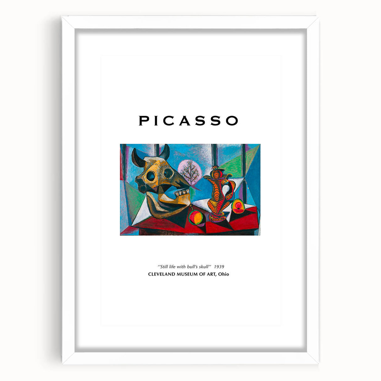 Abstract art print featuring geometric shapes in bold colors on a white framed canvas, suitable for dining room decor.