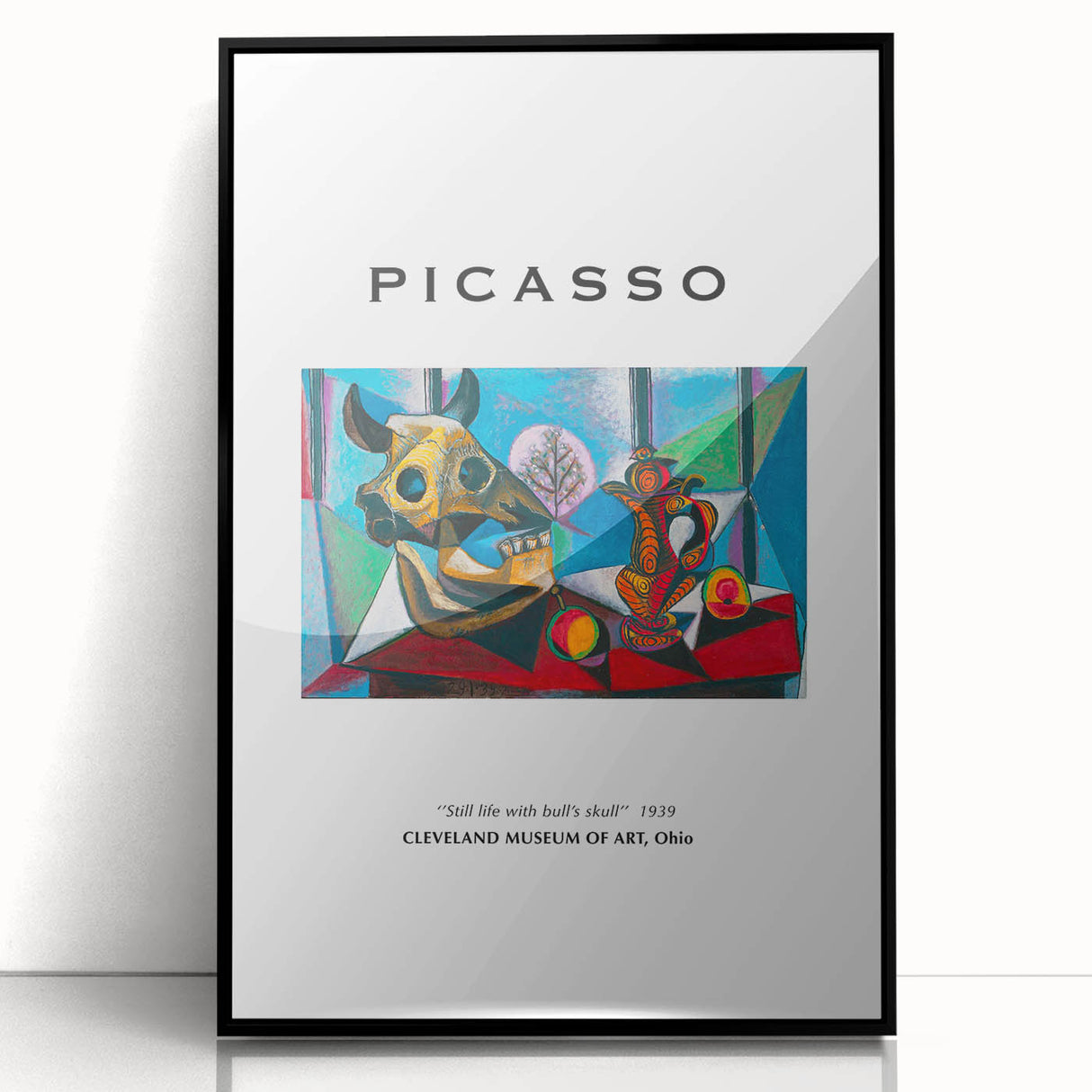 Large abstract wall art depicting geometric shapes in vibrant colors on a black acrylic frame.
