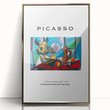 Mid-century modernist art print of abstract shapes in muted gold tones on framed acrylic, suited for modern art wall decor.