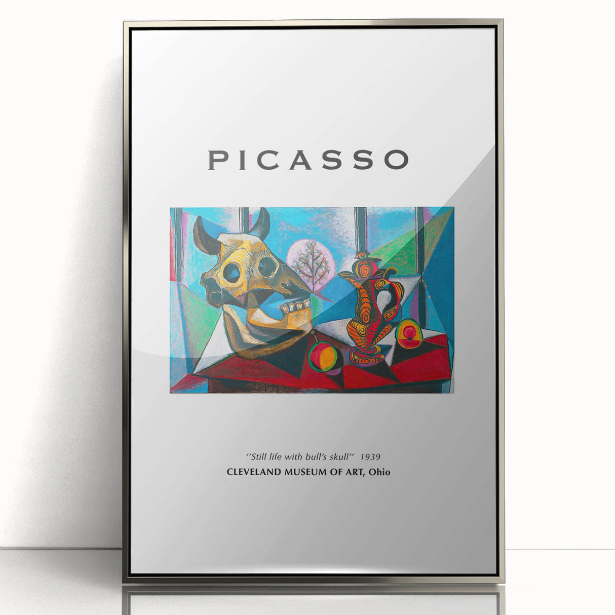Mid-century modernist art featuring abstract forms in muted colors on a silver-framed acrylic, ideal for nursery wall art.