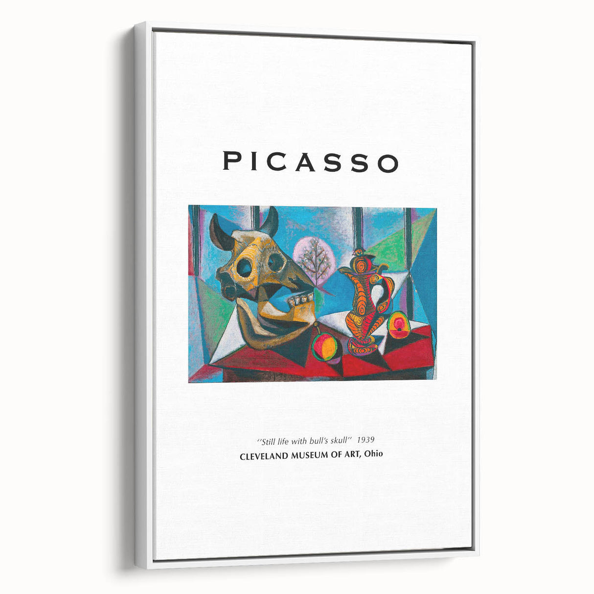 Vintage poster art depicting a Picasso-inspired abstract design in vibrant colors on a large framed canvas.