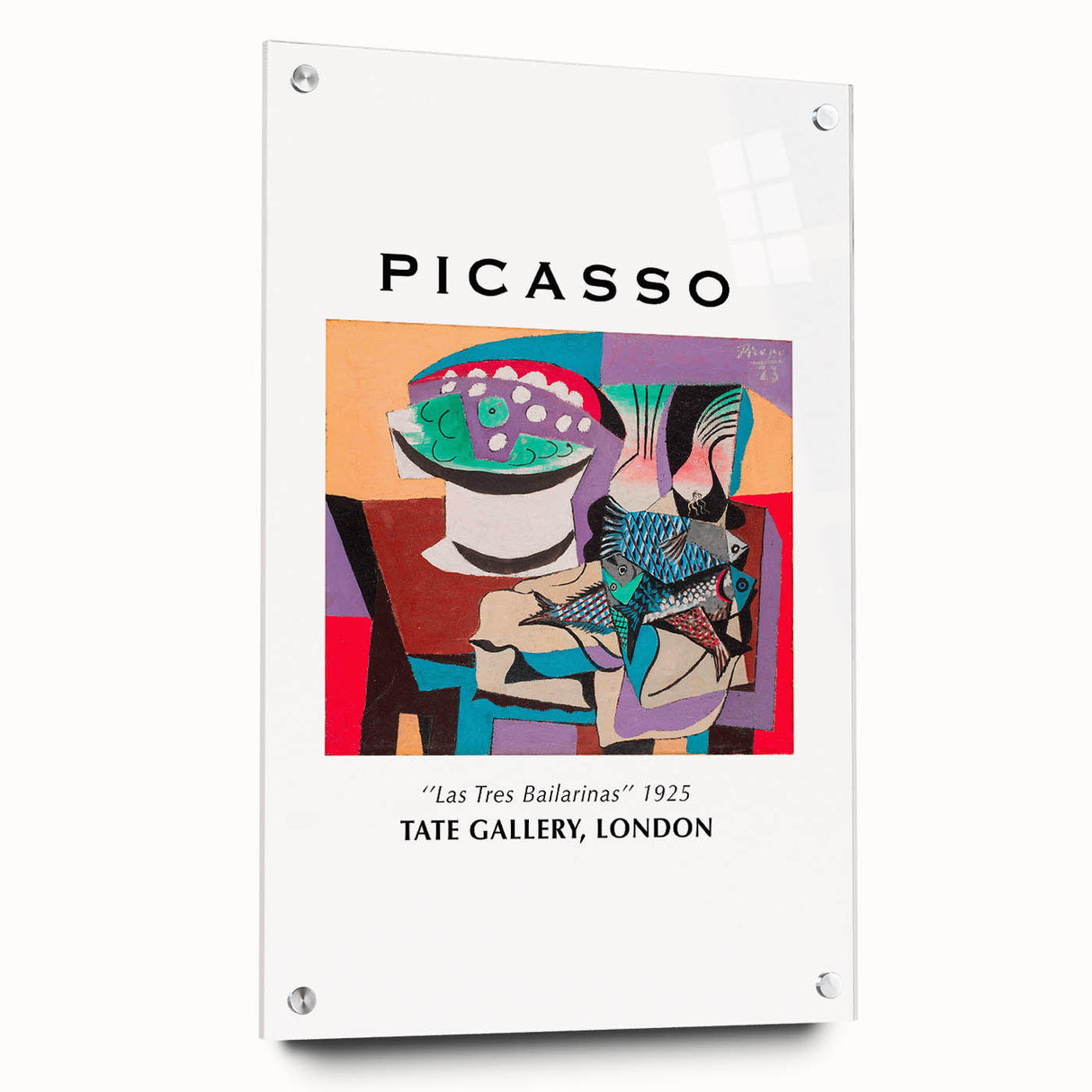 Large abstract wall art on acrylic glass depicting geometric shapes in vibrant primary colors.