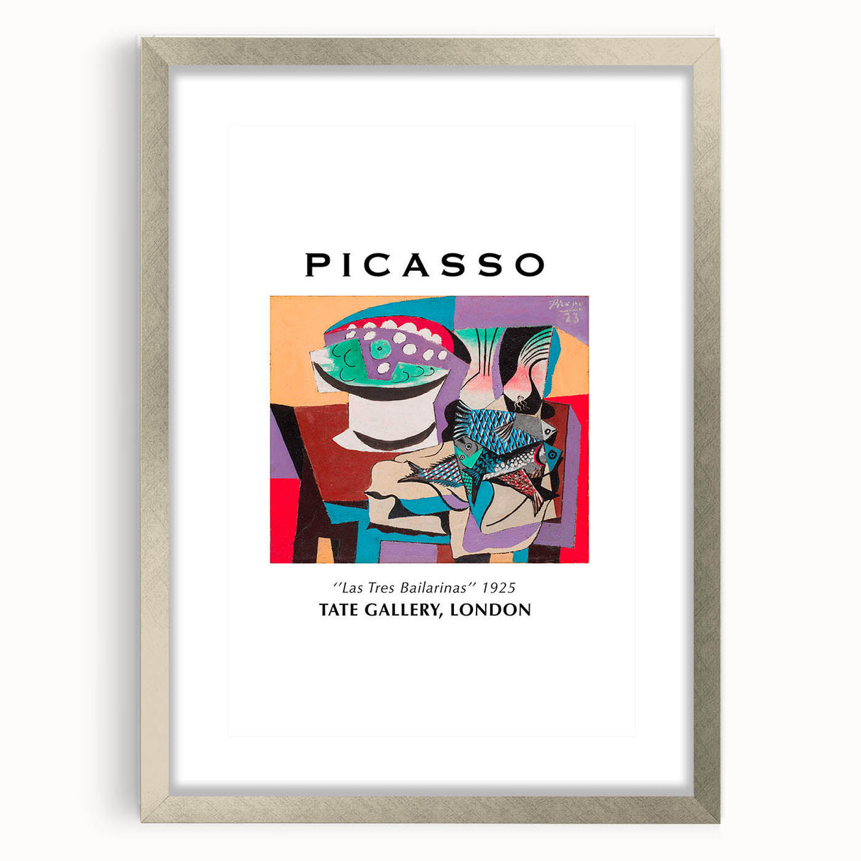 Textured abstract art print in silver frame with mat, featuring a mix of geometric shapes in muted colors.