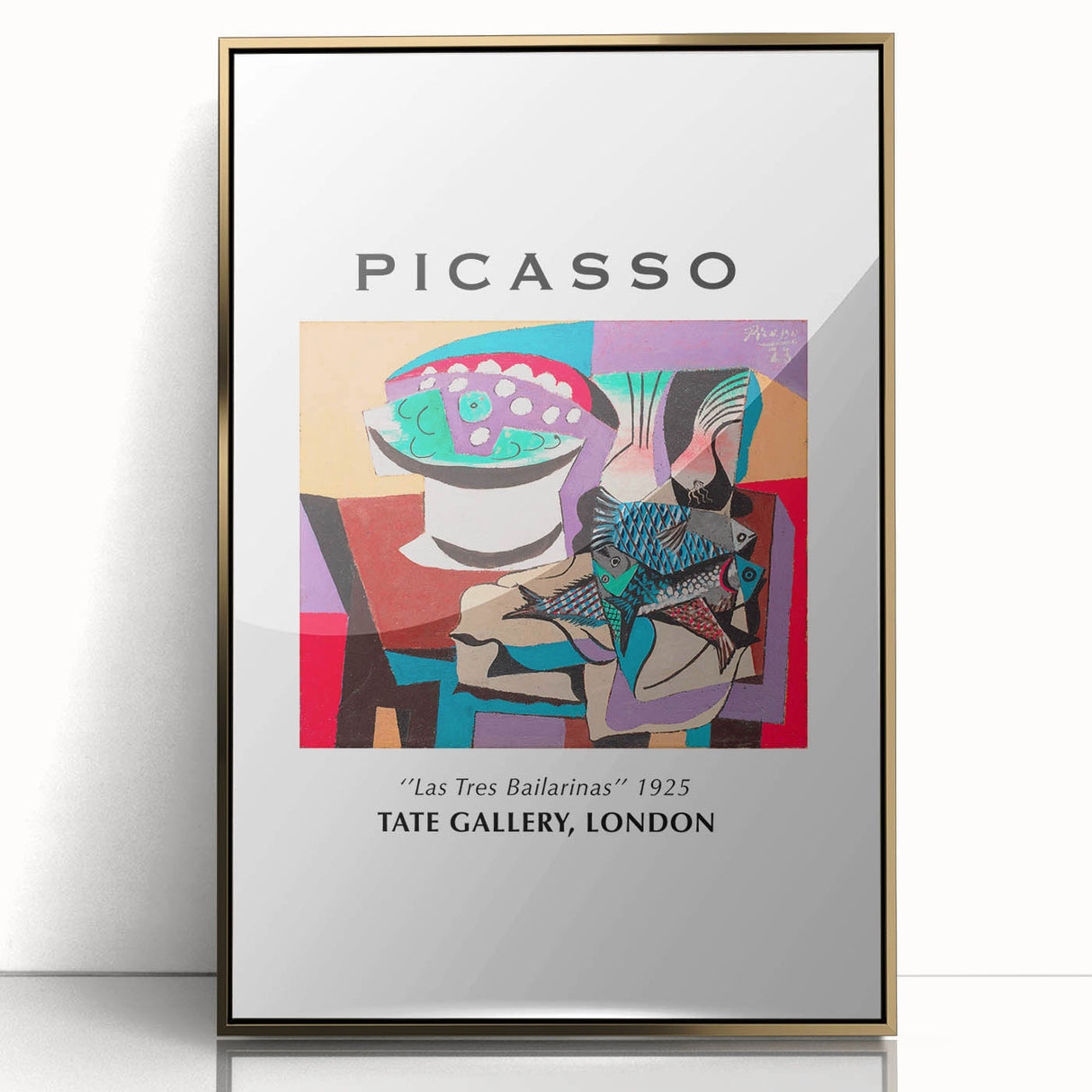 Mid-century modernist art print featuring abstract Picasso design in gold and black, framed in acrylic.