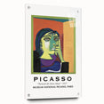 Large abstract wall art on acrylic glass depicting geometric shapes in bold primary colors.