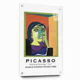 Large abstract wall art on acrylic glass depicting geometric shapes in bold primary colors.