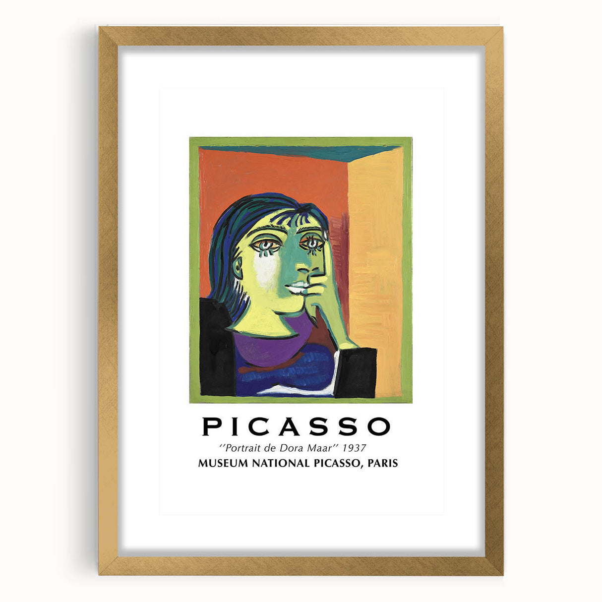 Extra large abstract art print featuring textured shapes in gold and black, framed in gold, ideal for living room decor.