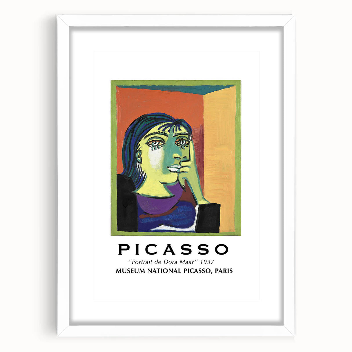 Abstract art print featuring geometric shapes in bold primary colors on a white framed mat, suitable for dining room decor.