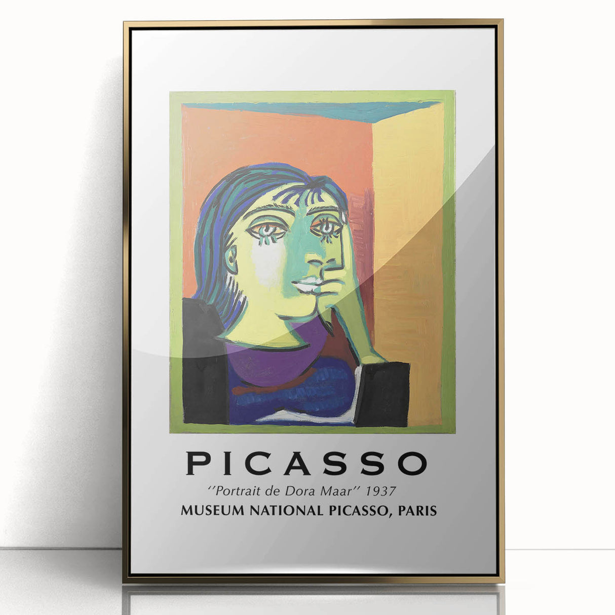 Mid-century modernist art depicting abstract forms in muted gold and black on a large framed acrylic.