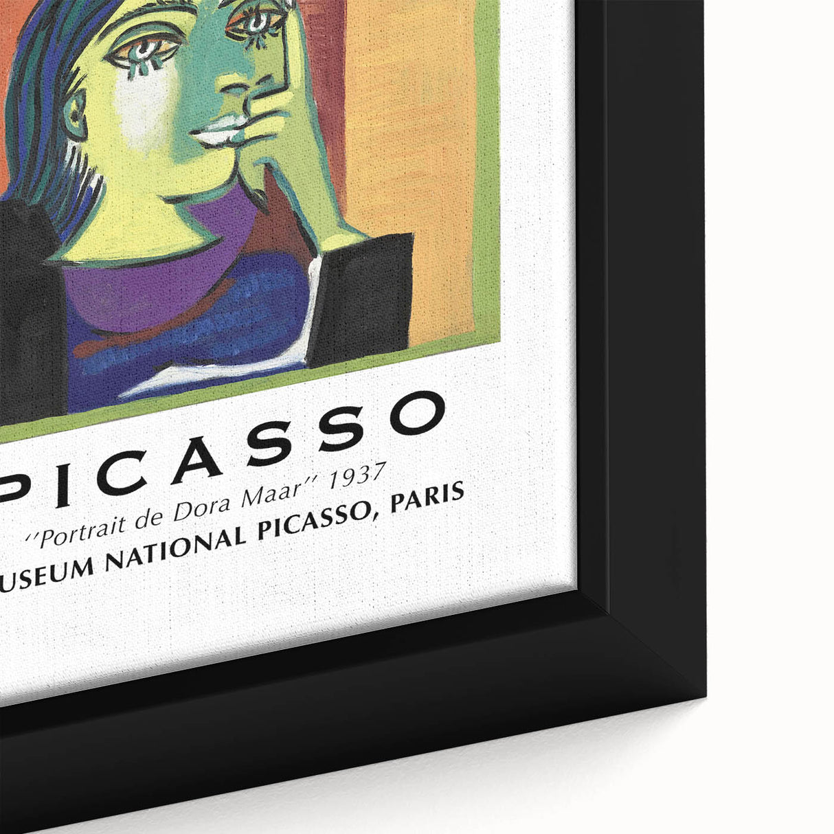 Extra large framed canvas featuring a textured Picasso-inspired abstract design in black with colorful accents.