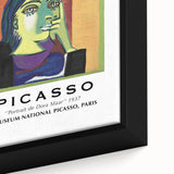 Extra large framed canvas featuring a textured Picasso-inspired abstract design in black with colorful accents.