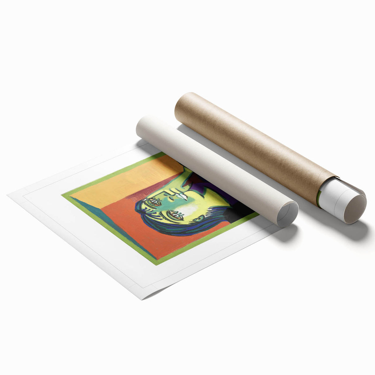Extra large rolled print featuring a floral Picasso-inspired design in vibrant colors, suitable for classy bathroom wall art.