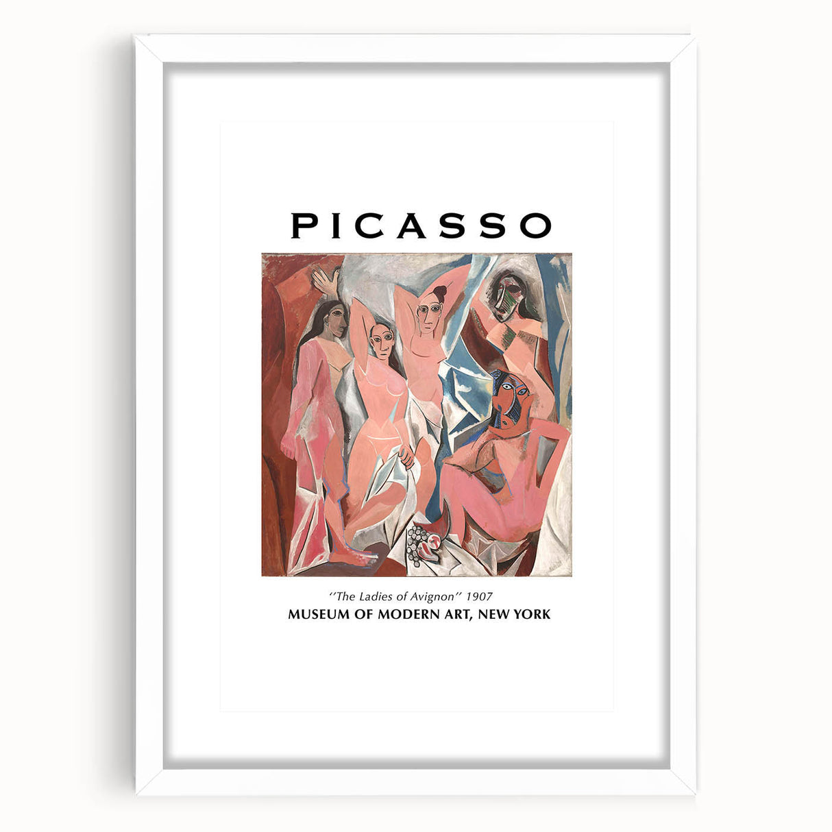 Abstract art print depicting geometric shapes in muted blues and greens on a white framed canvas.