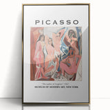 Mid-century modernist art print featuring abstract shapes in muted colors on a framed acrylic.
