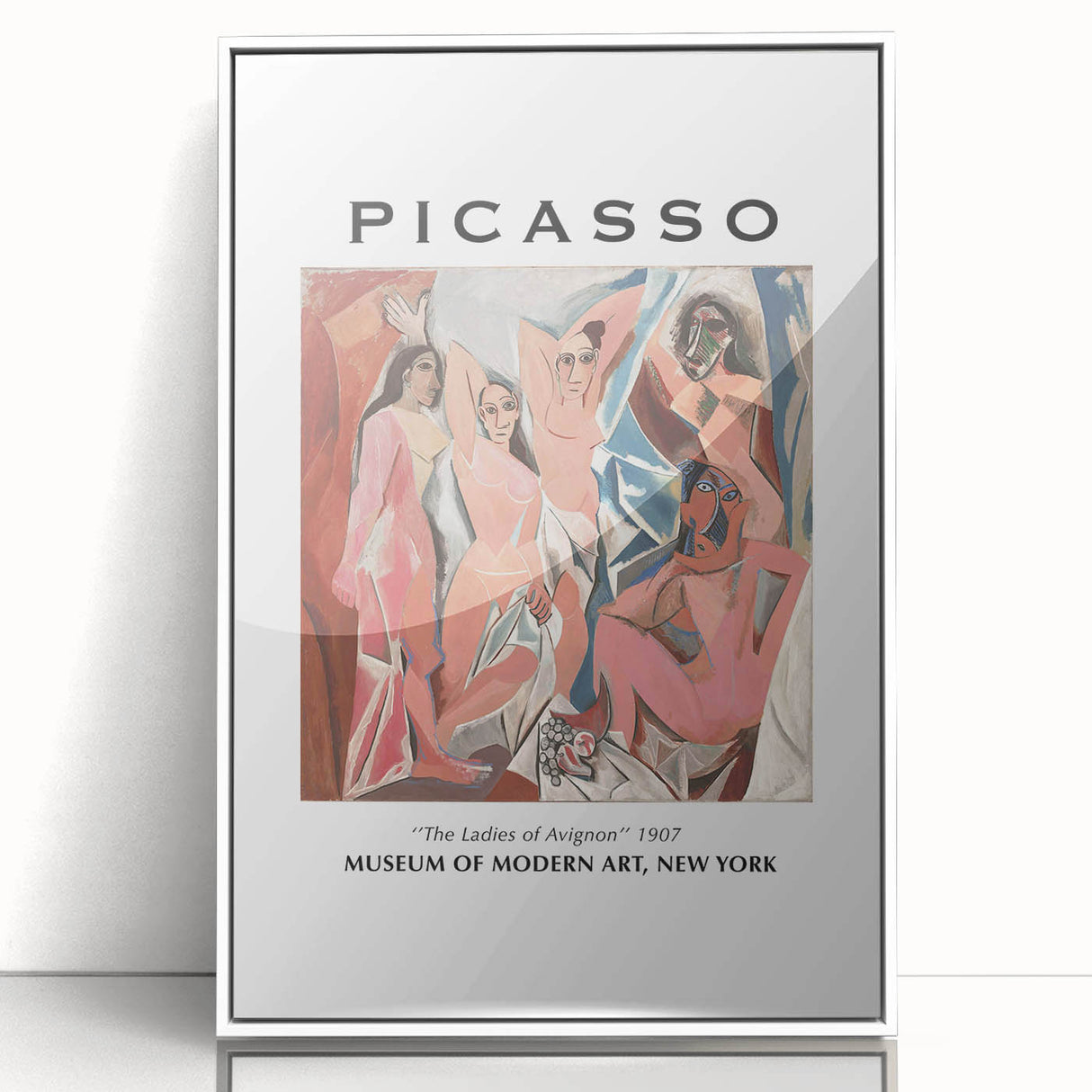 Acrylic print of a Picasso-inspired modern art wall decor in muted blues and whites, framed in white, suitable for nursery.