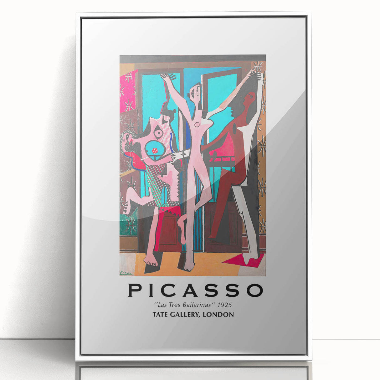 Framed acrylic print of a Picasso-inspired modern art wall decor with abstract shapes in neutral and blue tones.