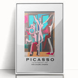Framed acrylic print of a Picasso-inspired modern art wall decor with abstract shapes in neutral and blue tones.