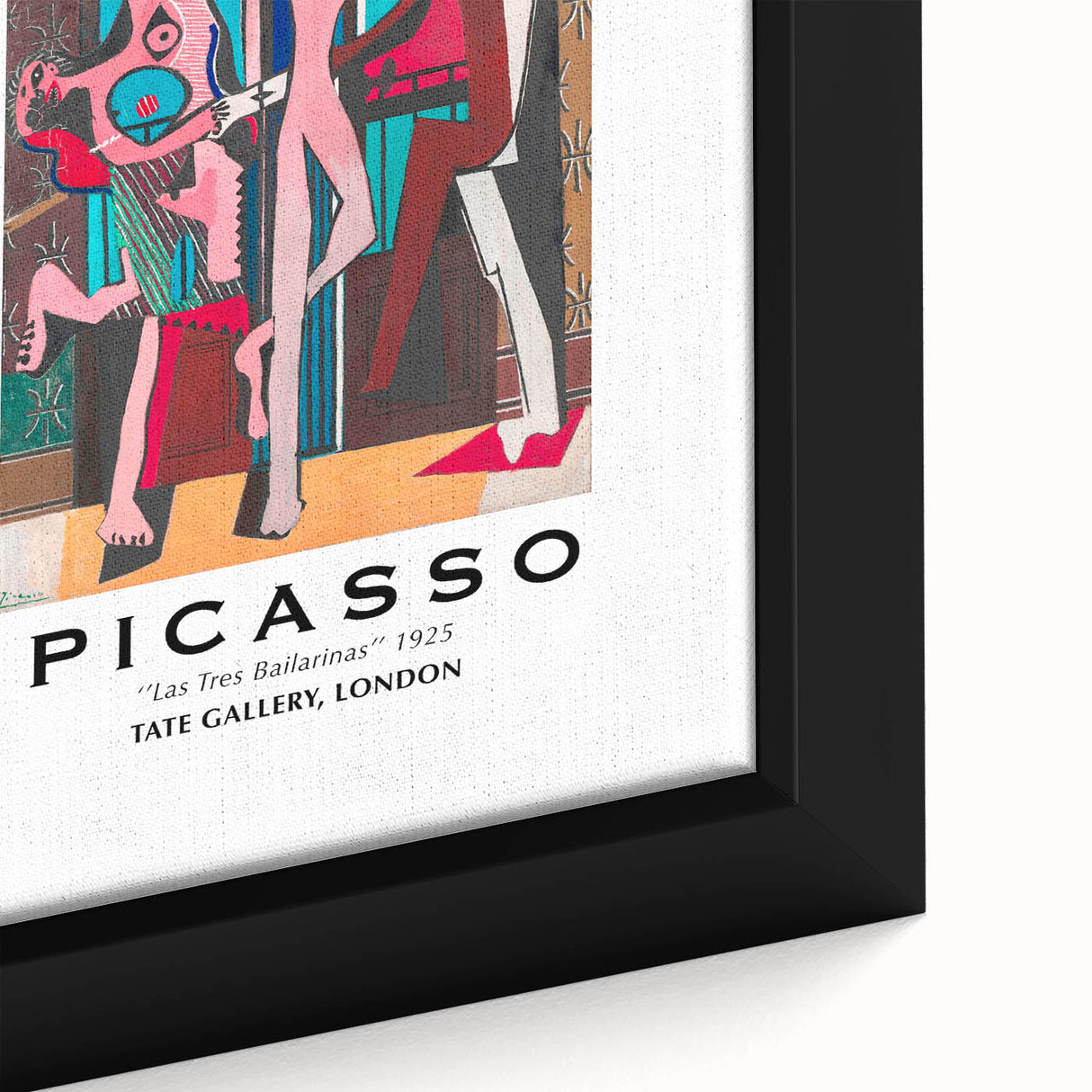 Framed canvas featuring a close-up of a Picasso-inspired abstract design in black with vibrant, textured color accents.