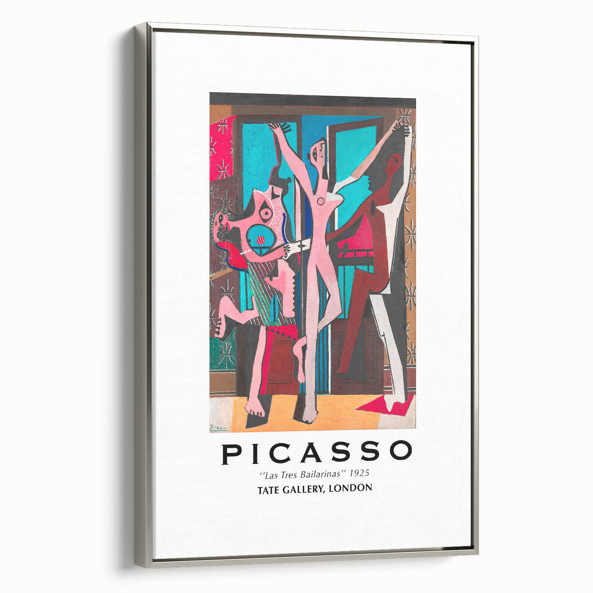 Framed canvas featuring a Picasso-inspired landscape art painting with colorful abstract elements on a black background.