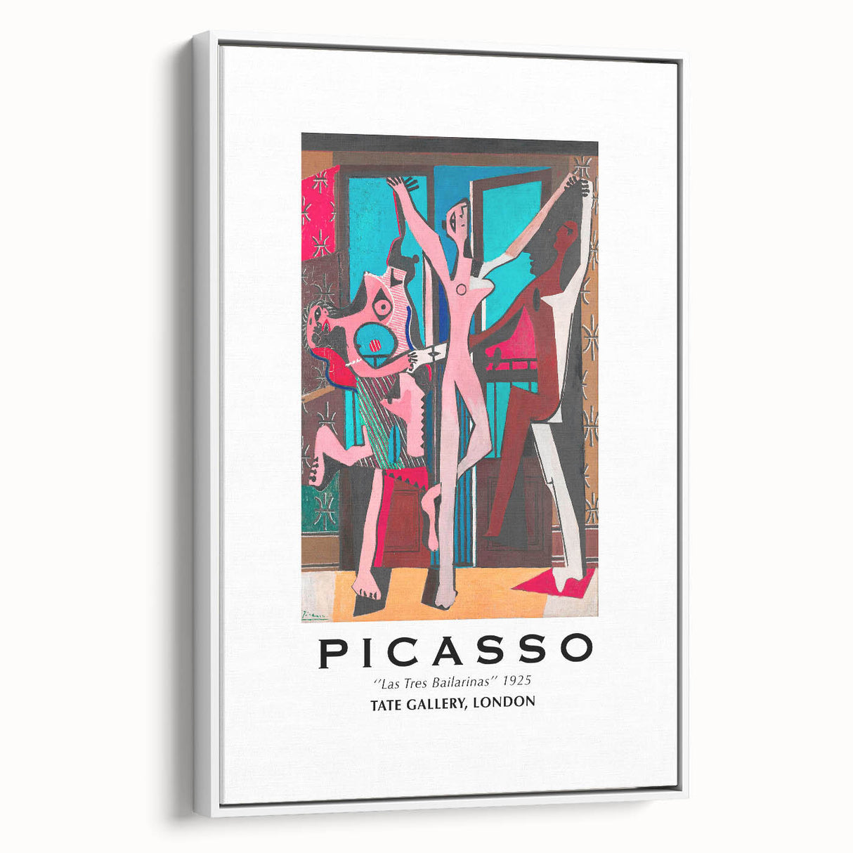 Extra large framed canvas featuring vintage poster art of a Picasso design in vibrant colors, ideal for living room decor.