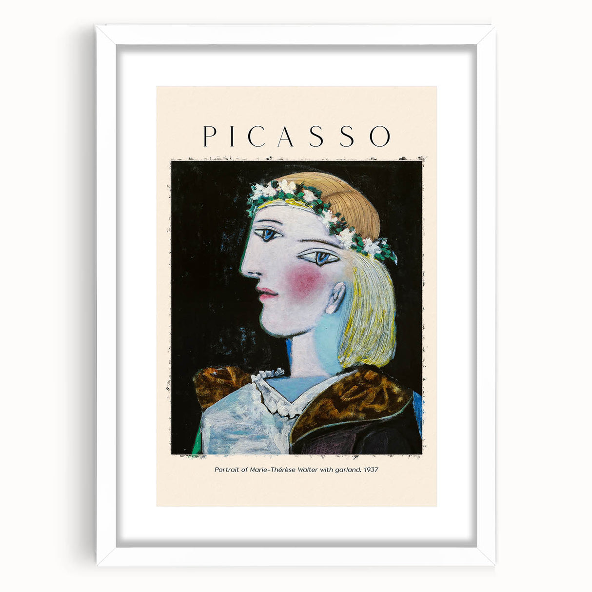 Abstract art print featuring Picasso-inspired shapes in bold black and white, framed with a white mat.