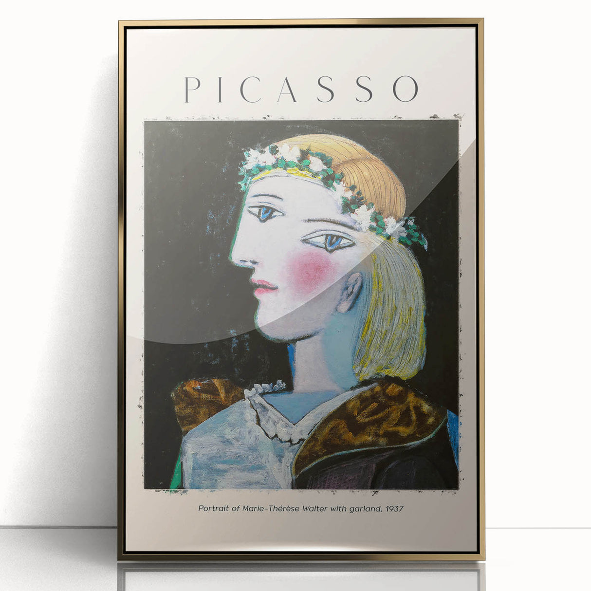 Mid-century modernist art print of abstract forms in muted gold, framed acrylic, ideal for modern art wall decor.