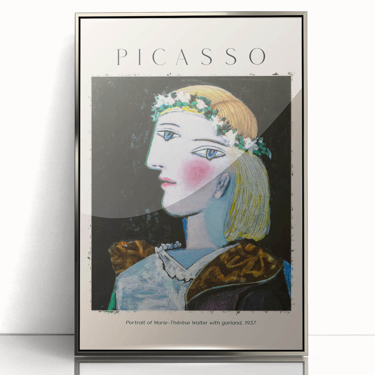 Mid-century modernist art depicting abstract shapes in muted tones on a silver-framed acrylic print.
