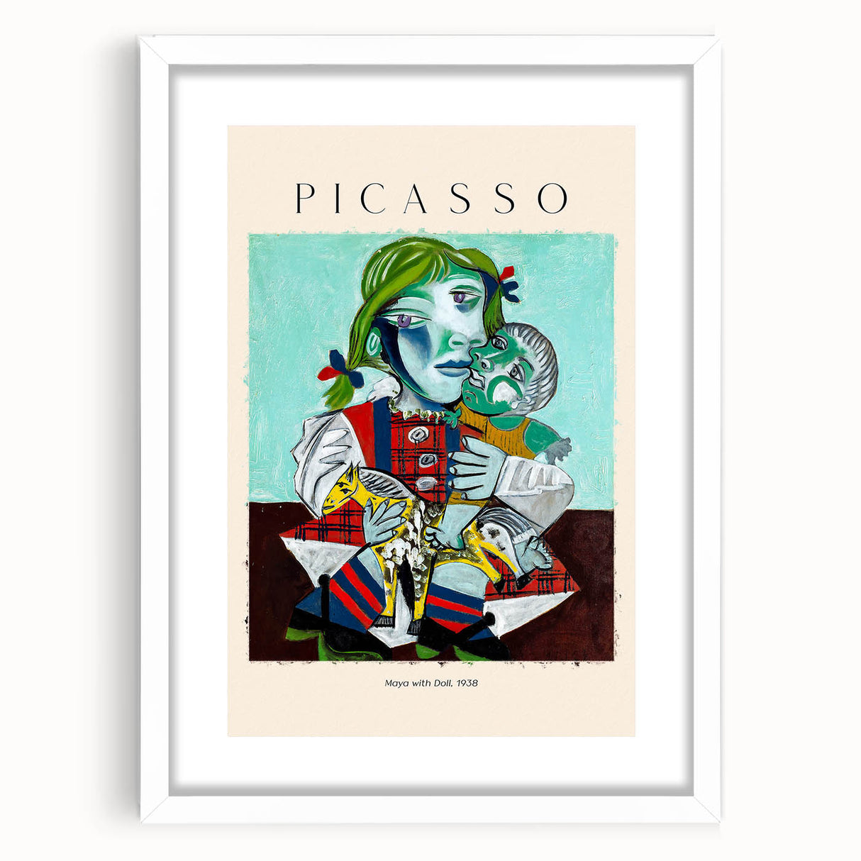 Abstract art print featuring Picasso-inspired shapes in muted earth tones, framed in white, ideal for dining room decor.