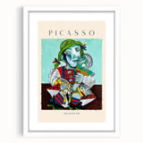 Abstract art print featuring Picasso-inspired shapes in muted earth tones, framed in white, ideal for dining room decor.