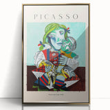 Mid-century modernist art depicting abstract shapes in muted colors on a large framed acrylic print.