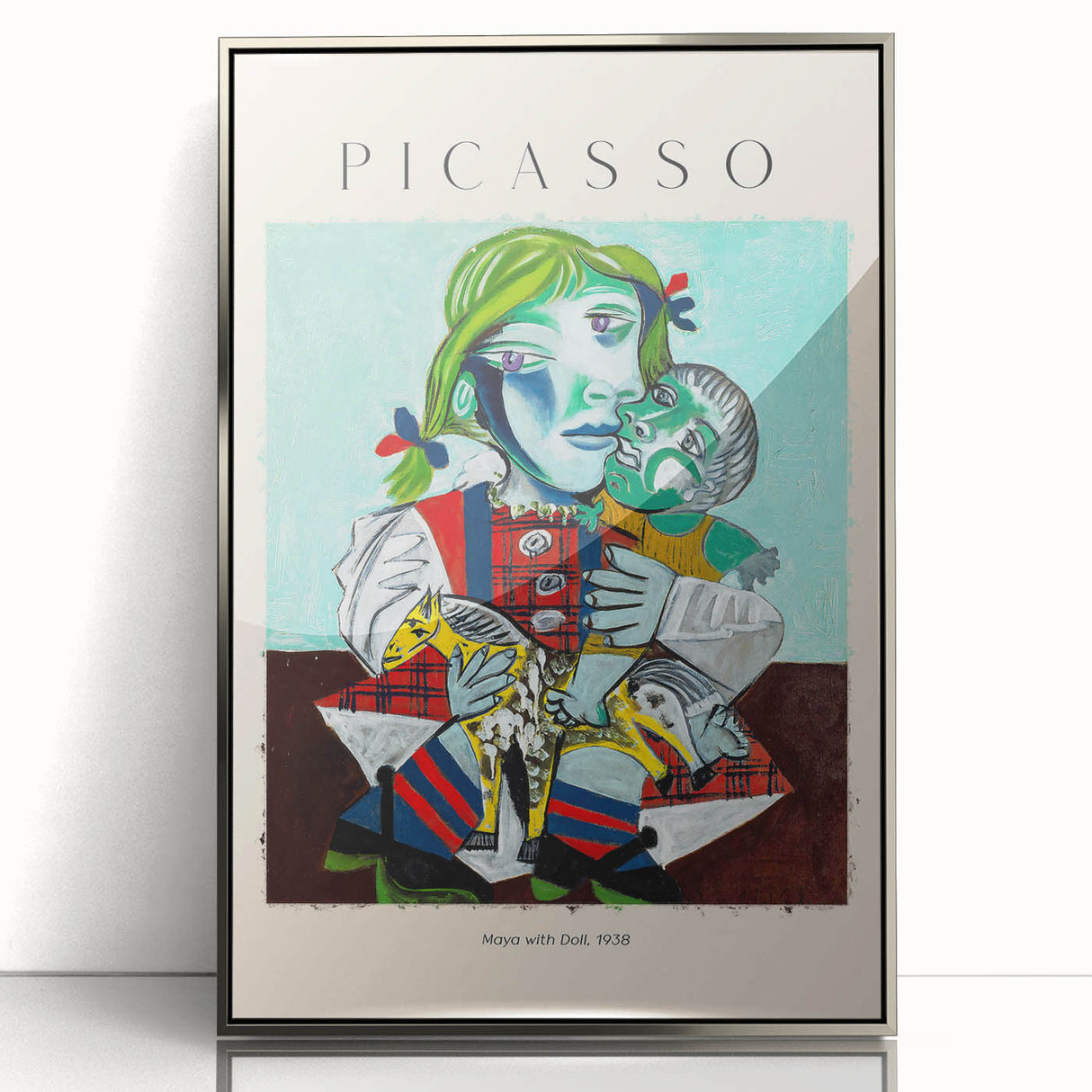 Mid-century modernist art depicting abstract figures in neutral and blue tones on a framed acrylic.
