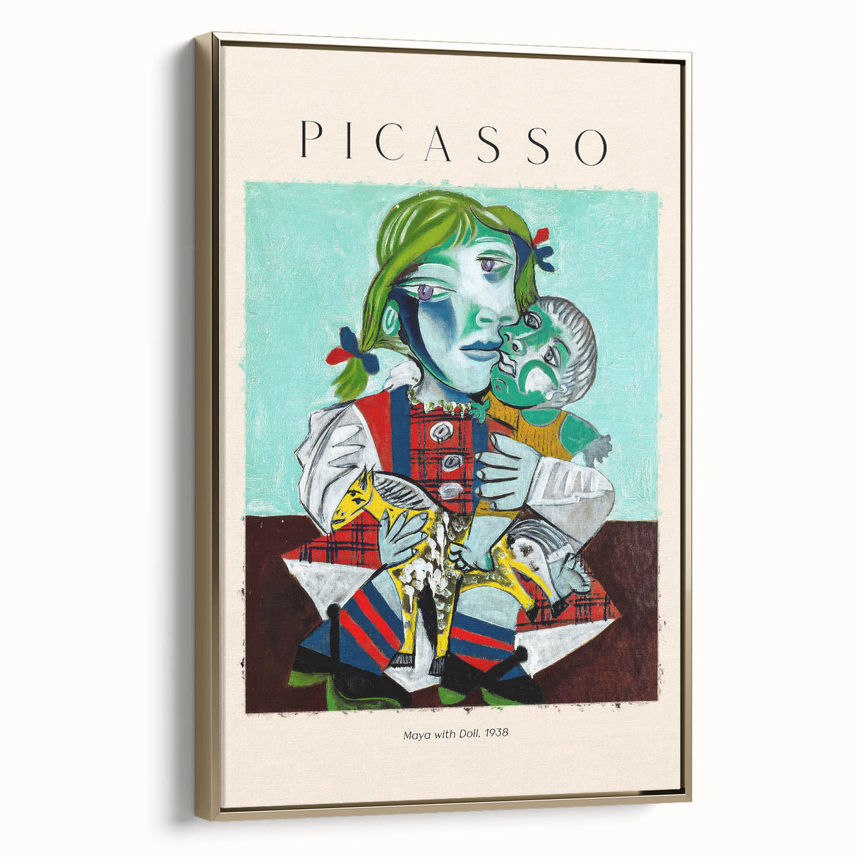 Framed canvas featuring a black and gold Picasso-inspired abstract design, ideal for bedroom wall art.