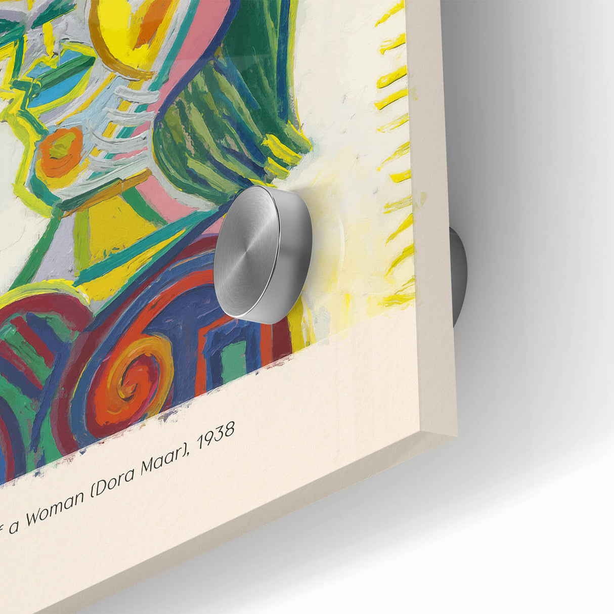 Mid-century modernist abstract art in vibrant colors on acrylic glass, suitable for dining room ambiance.