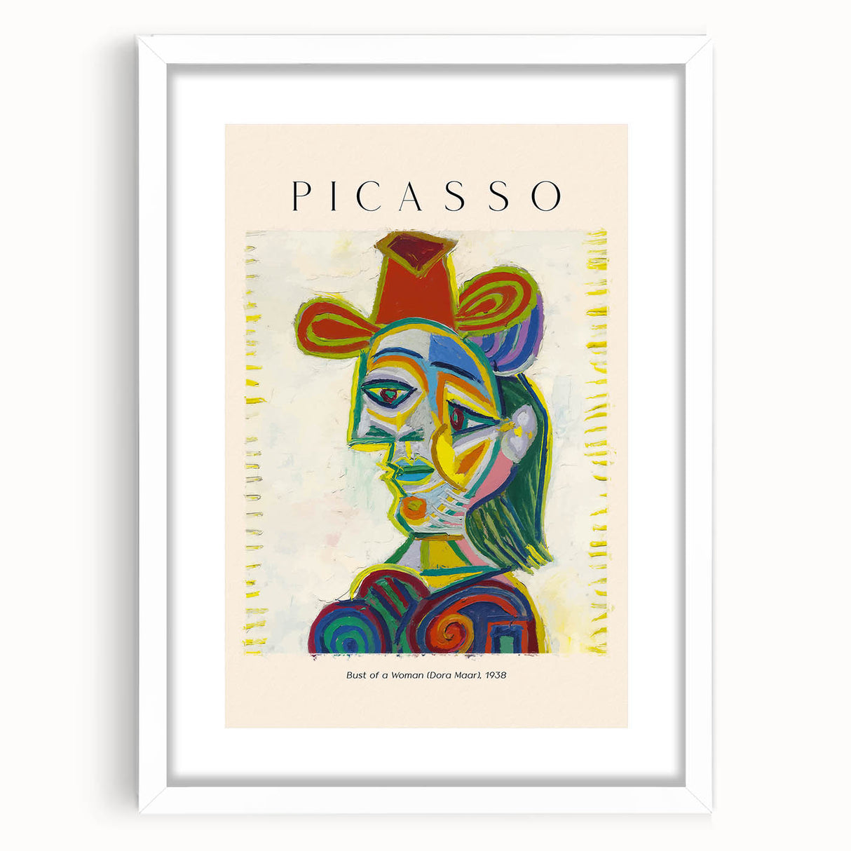 Abstract art print of geometric shapes in muted blues and greens on a white framed canvas.