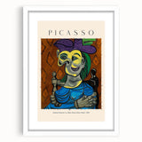 Abstract art print featuring geometric shapes in primary colors on a white framed canvas.