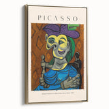 Framed canvas featuring a black and gold Picasso-inspired abstract design, ideal for modern bedroom decor.