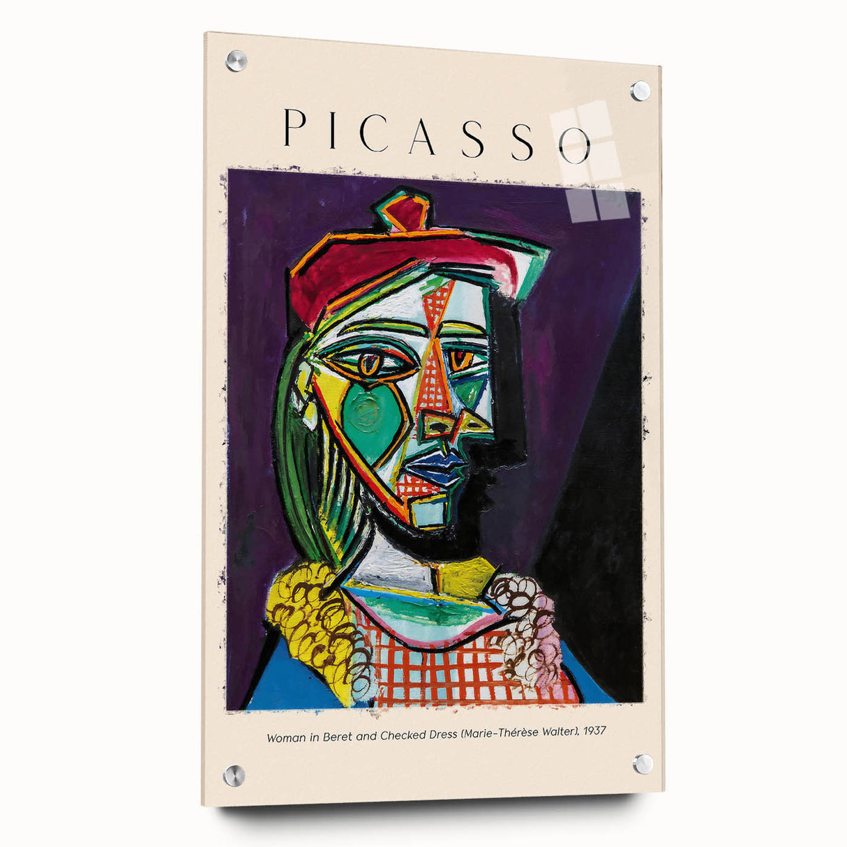 Large abstract wall art on acrylic glass, featuring vibrant primary colors and cubist shapes.