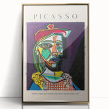 Mid-century modernist art of abstract shapes in gold and black on a large framed acrylic print.