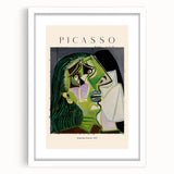 Abstract art print featuring geometric shapes in bold colors, framed in white, suitable for dining room or bedroom decor.