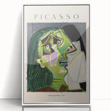 Art deco poster featuring abstract Picasso design in muted colors on white framed acrylic, ideal for modern nursery wall art.