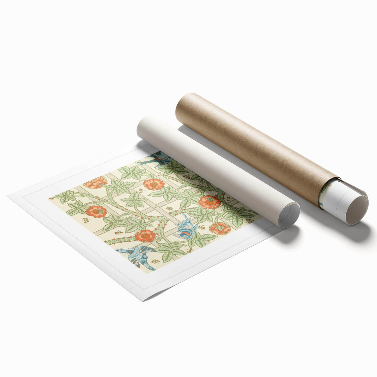 Extra large rolled print of a William Morris floral design in muted earth tones, ideal for classy bathroom wall art.