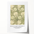 William Morris floral design on rolled print, featuring muted greens and pinks, ideal for dining room wall art.